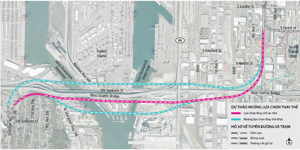 Map of Delridge, Avalon and Alaska Junction stations in southwest Seattle showing pink lines for preferred alternatives, brown lines for preferred alternatives with third party funding, and blue lines for other Draft EIS alternatives. Lines indicate elevated, at-grade and tunnel alternatives. See text description below for additional details Click to enlarge.